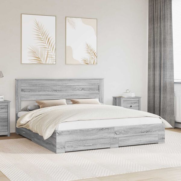 vidaXL Bed Frame with Drawer Grey Sonoma 200 x 200 cm Engineered Wood