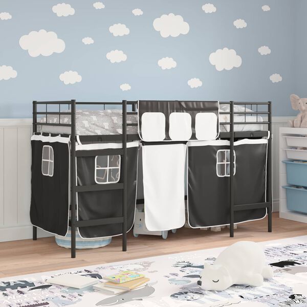 vidaXL Kids'Loft Bed Frame with Curtains Black 74.5 x 190 cm