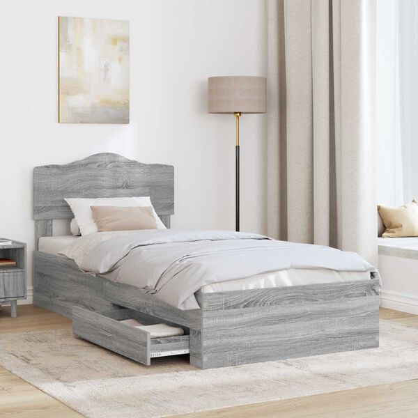 vidaXL Bed Frame with Drawer Grey Sonoma 90 x 190 cm Engineered Wood