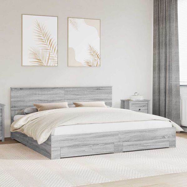 vidaXL Bed Frame with Drawer Grey Sonoma 200 x 200 cm Engineered Wood
