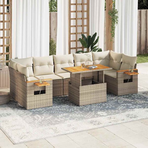 vidaXL 8 Piece Garden Sofa Set with Cushions Beige Poly Rattan Acacia