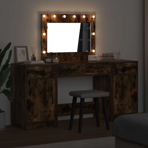 vidaXL Dressing Table with Mirror Lights 3 pcs Brown Engineered Wood