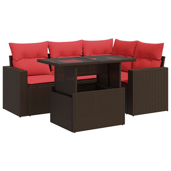 vidaXL 5 Piece Garden Sofa Set with Cushions Brown Poly Rattan Acacia