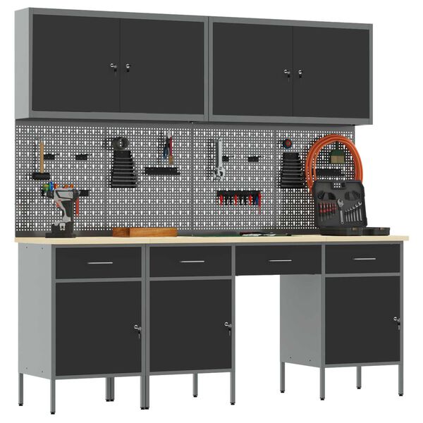 vidaXL Work Bench with Drawer 10 pcs Black 200 x 55 x 200 cm Steel