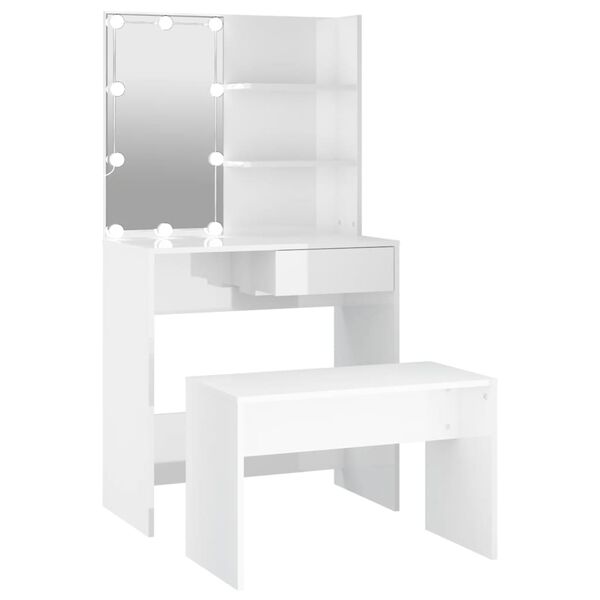 vidaXL Dressing Table Set with LED High Gloss White Engineered Wood