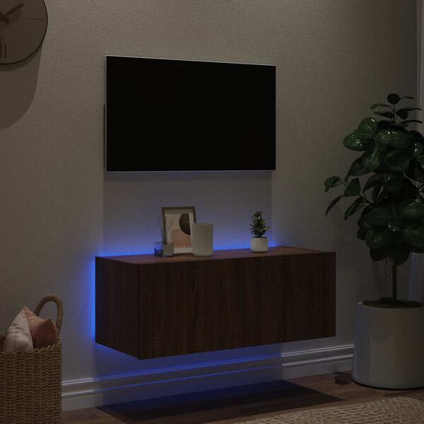 vidaXL TV Wall Cabinet with LED Lights Brown Oak 80x35x31 cm