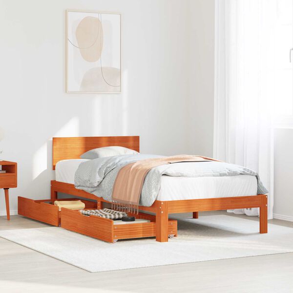 vidaXL Bed Frame with Headboard Wax Brown 70 x 190 cm Solid Pine Wood