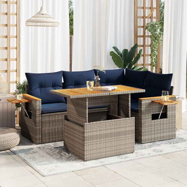 vidaXL 5 Piece Garden Sofa Set with Cushions Grey Poly Rattan Acacia