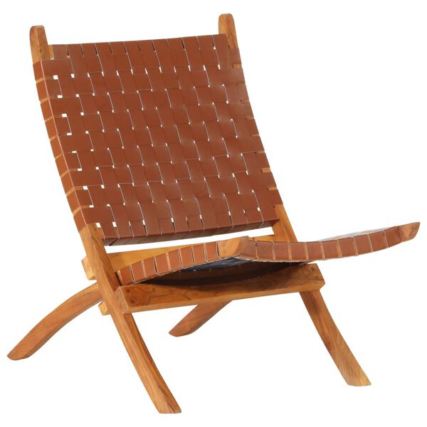vidaXL Folding Relaxing Chair Brown Real Leather