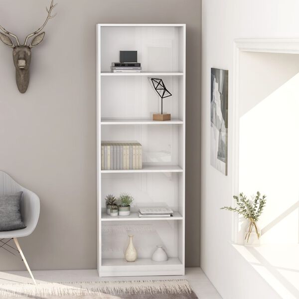 vidaXL 5-Tier Book Cabinet High Gloss White 60x24x175 cm Engineered Wood