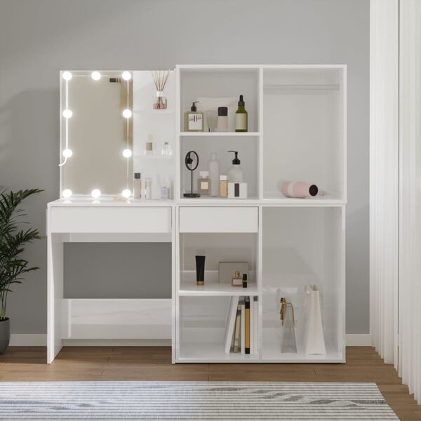 vidaXL LED Dressing Table with 2 Cabinets High Gloss White Engineered Wood