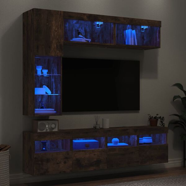 vidaXL 7 Piece TV Wall Cabinet Set with LED Lights Smoked Oak