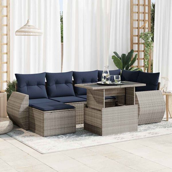 vidaXL 7 Piece Garden Sofa Set with Cushions Grey Poly Rattan Acacia