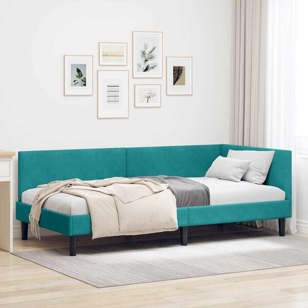 vidaXL Corner Bed Frame Turquoise 100 cm x 200 cm Velvet