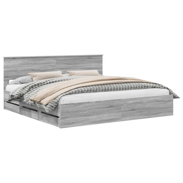 vidaXL Bed Frame with Drawer Grey Sonoma 200 x 200 cm Engineer Wood
