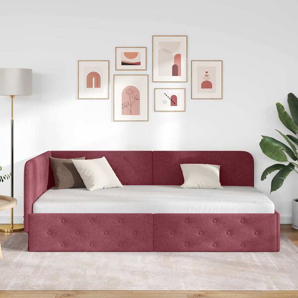 vidaXL Corner Bed Frame with Headboard Wine Red 90 x 200 cm Fabric