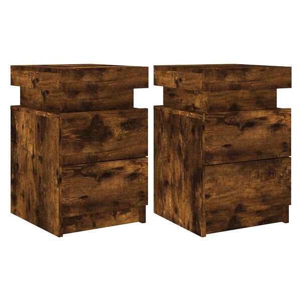 vidaXL Bedside Cabinets with LED Lights 2 pcs Smoked Oak 35x39x55 cm