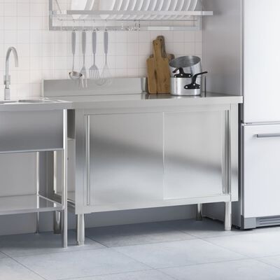 vidaXL Kitchen Work Table with Sliding Doors Stainless Steel