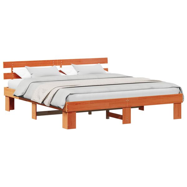 vidaXL Bed Frame with Headboard Wax Brown 180 x 200 cm Solid Pine Wood