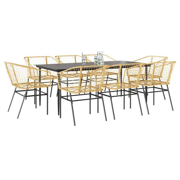 vidaXL 9 Piece Garden Dining Set Brown Poly Rattan Glass