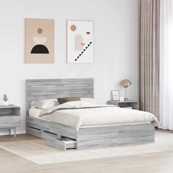 vidaXL Bed Frame with Drawer Grey Sonoma 140 x 200 cm Engineer Wood
