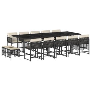 vidaXL 15 Piece Garden Dining Set with Cushions Black Poly Rattan
