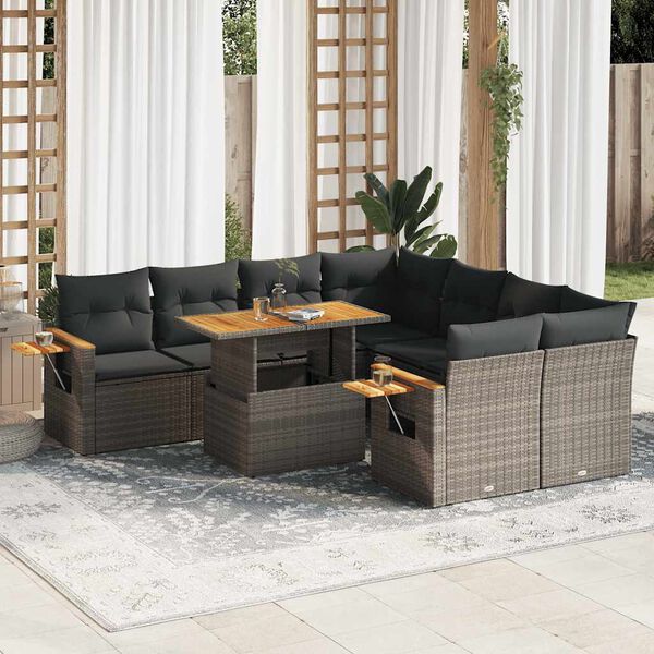 vidaXL 9 Piece Garden Sofa Set with Cushions Grey Poly Rattan Acacia