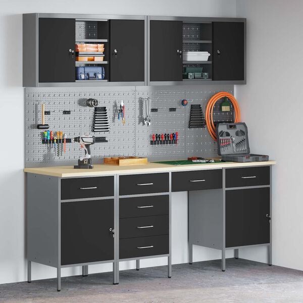 vidaXL Work Cabinet with Drawer 10 pcs Black Engineered Wood and Steel