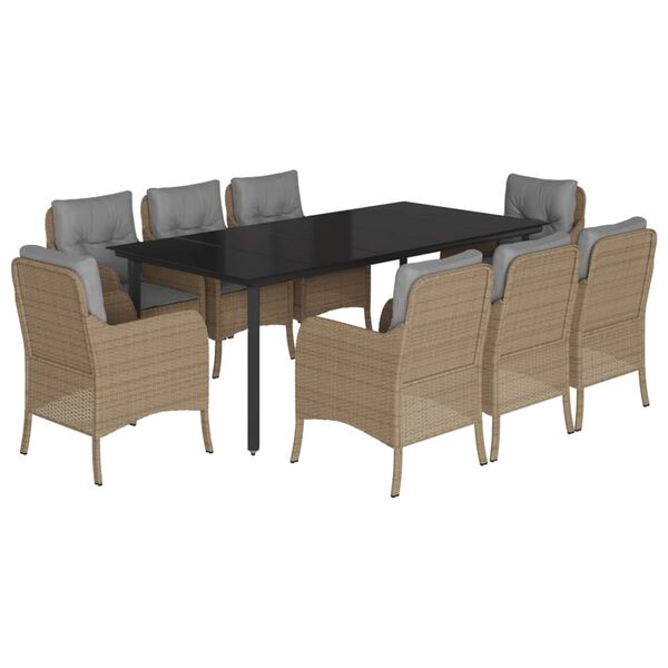 vidaXL 9 Piece Garden Dining Set with Cushions Beige Poly Rattan