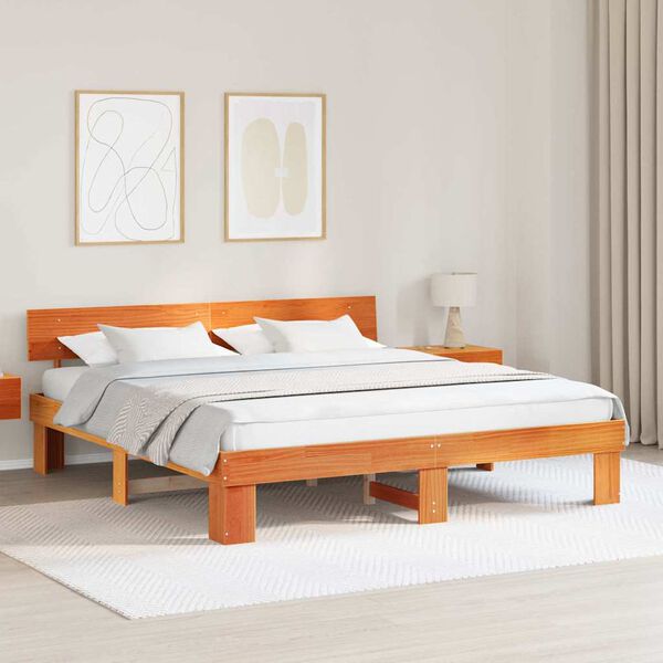vidaXL Bed Frame with Headboard Wax Brown 180 x 200 cm Solid Pine Wood