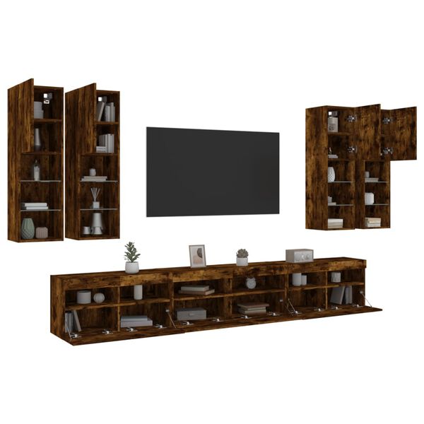 vidaXL 7 Piece TV Wall Cabinet Set with LED Lights Smoked Oak