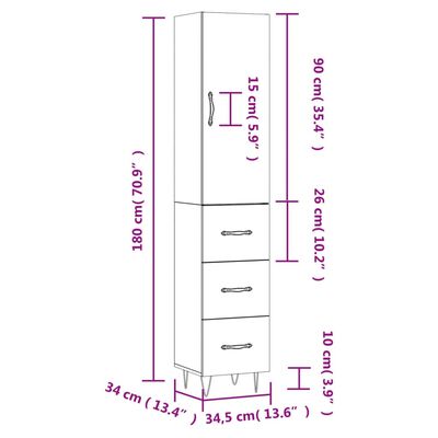 vidaXL Highboard High Gloss White 34.5x34x180 cm Engineered Wood