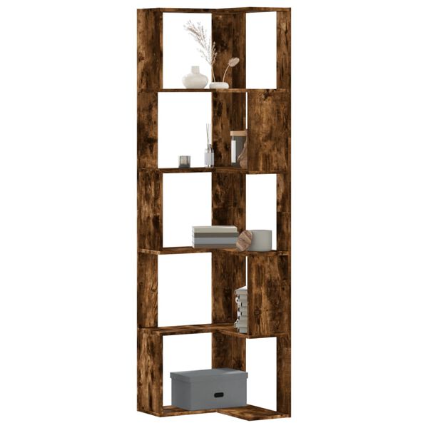 vidaXL Corner Bookcase 5-Tier Smoked Oak 50x50x179 cm Engineered Wood