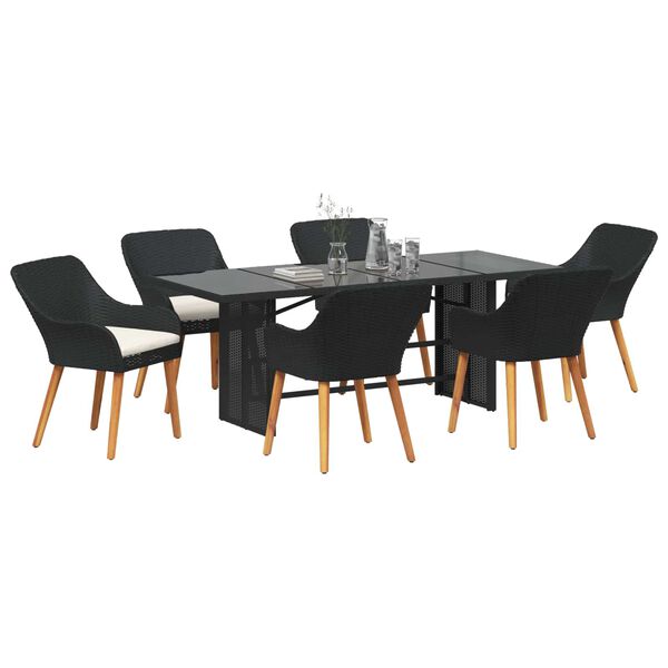 vidaXL Garden Dining Set with Cushion 7 pcs Black Poly Rattan