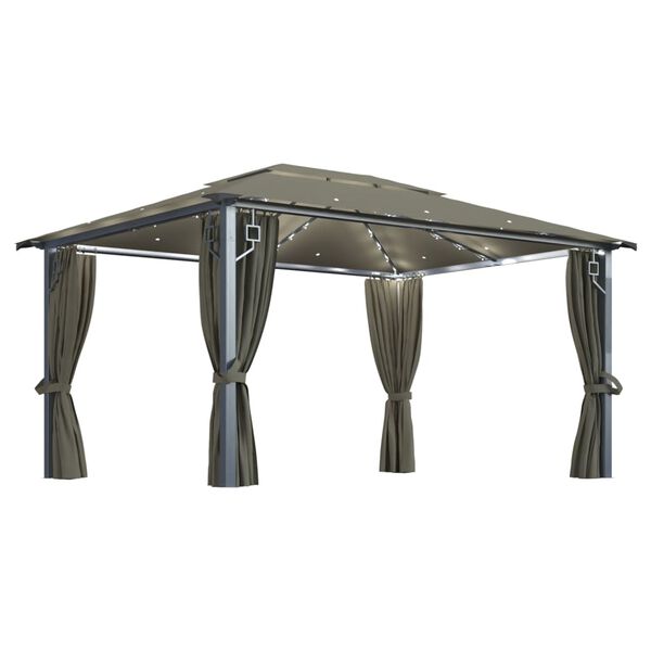 vidaXL Gazebo with Curtain&LED String Lights 4x3 m Taupe Aluminium