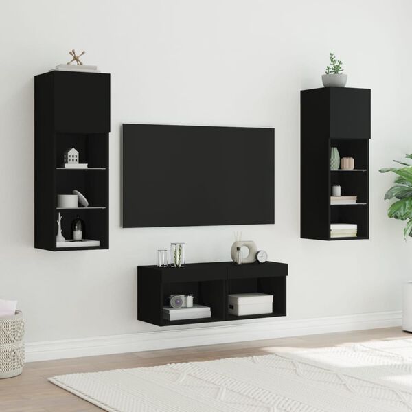 vidaXL 4 Piece TV Wall Cabinets with LED Lights Black