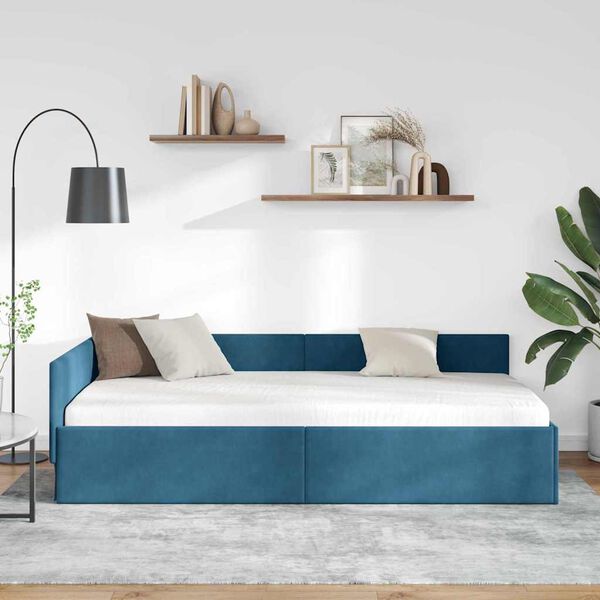 vidaXL Corner Bed Frame with Headboard Blue 90 cm x 190 cm Velvet
