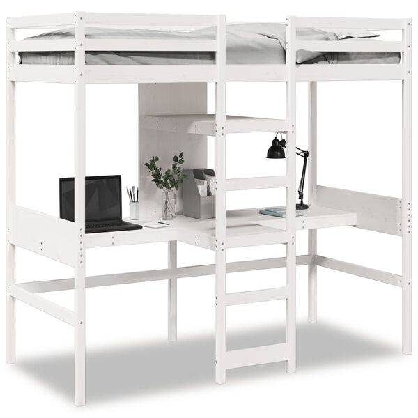vidaXL Loft Bed Frame with Desk and Shelves White 90x200cm Solid Wood Pine