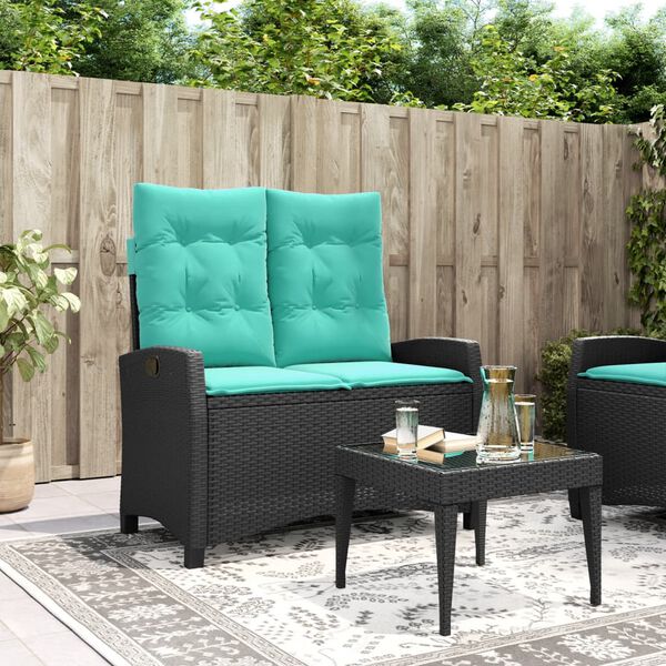 vidaXL Reclining Garden Bench with Cushions Black Poly Rattan