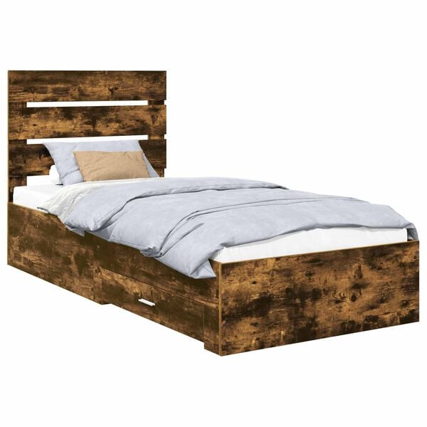 vidaXL Bed Frame with Drawer Smoked Oak 100 x 200 cm Engineered Wood