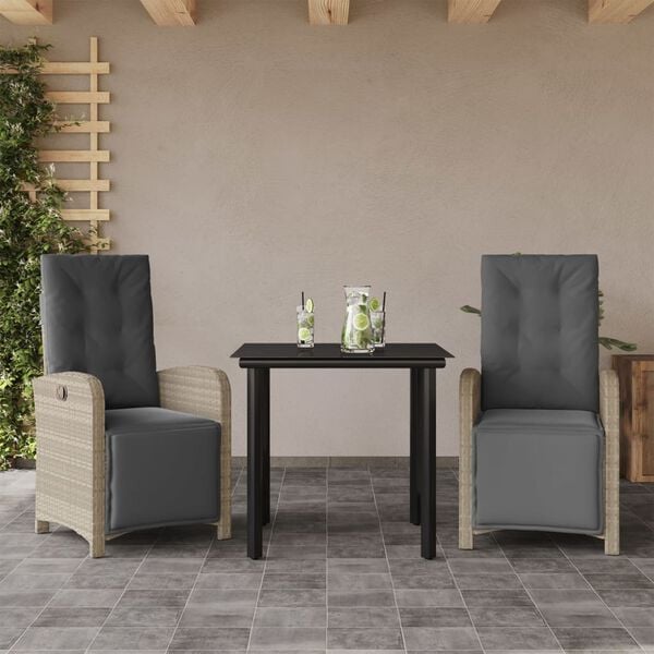 vidaXL 3 Piece Bistro Set with Cushions Light Grey Poly Rattan