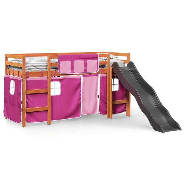 vidaXL Kids' Loft Bed with Curtains Pink 90x200 cm Solid Wood Pine