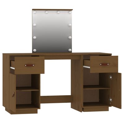 vidaXL Dressing Table Set with LED Honey Brown Solid Wood Pine