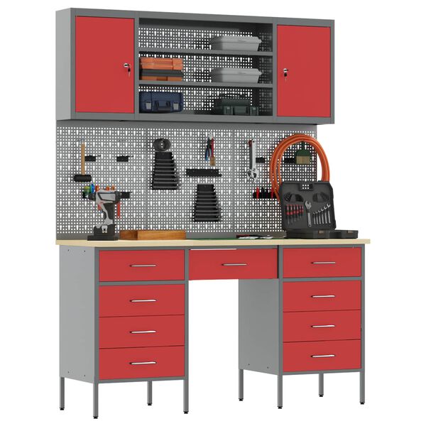 vidaXL Work Cabinet with Drawer 8 pcs Red Engineered Wood and Steel
