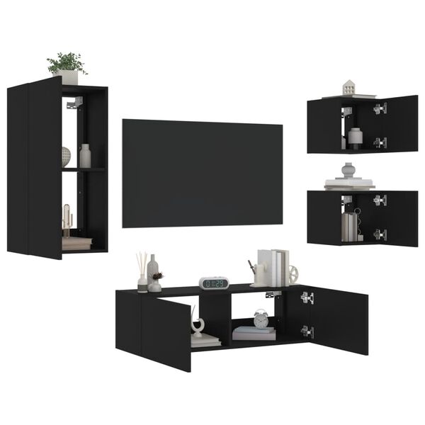 vidaXL 4 Piece TV Wall Cabinets with LED Lights Black