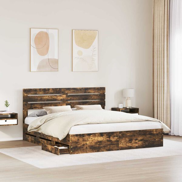 vidaXL Bed Frame with Drawer Smoked Oak 200 x 200 cm Engineer Wood