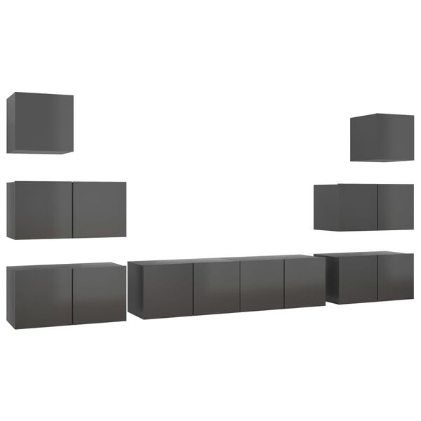 vidaXL 8 Piece TV Cabinet Set High Gloss Grey Engineered Wood