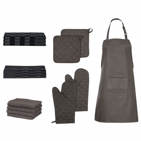 vidaXL 15 Piece Towel Set with Oven Gloves&Pot Holders Black Cotton