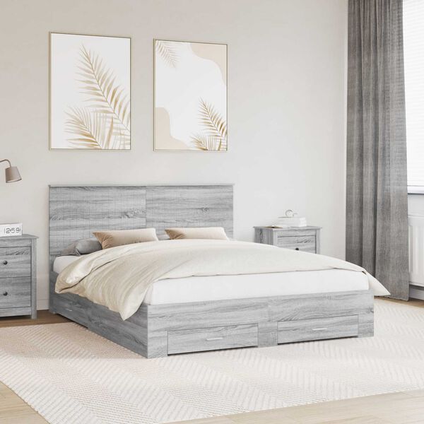 vidaXL Bed Frame with Drawer Grey Sonoma 160 x 200 cm Engineered Wood