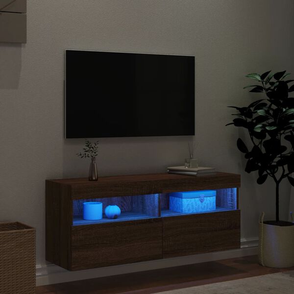 vidaXL TV Wall Cabinet with LED Lights Brown Oak 100x30x40 cm